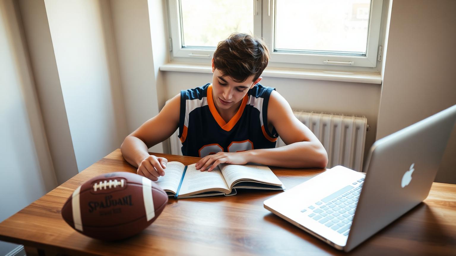 Student athlete in a jersey studying with a laptop and football on the desk