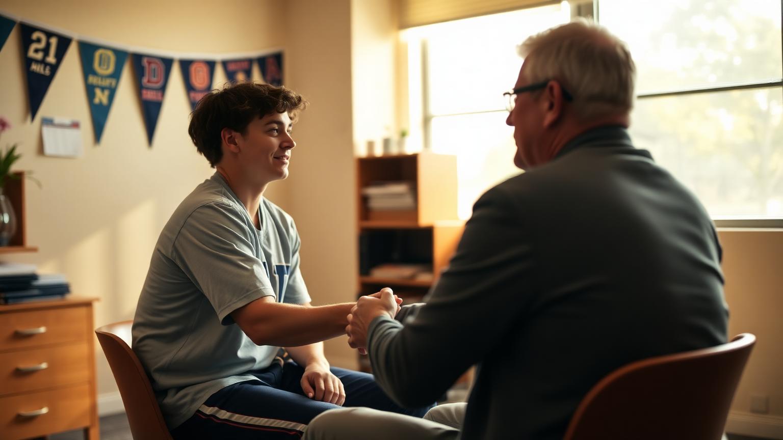 High school athlete shaking hands with a college coach in a sunlit office