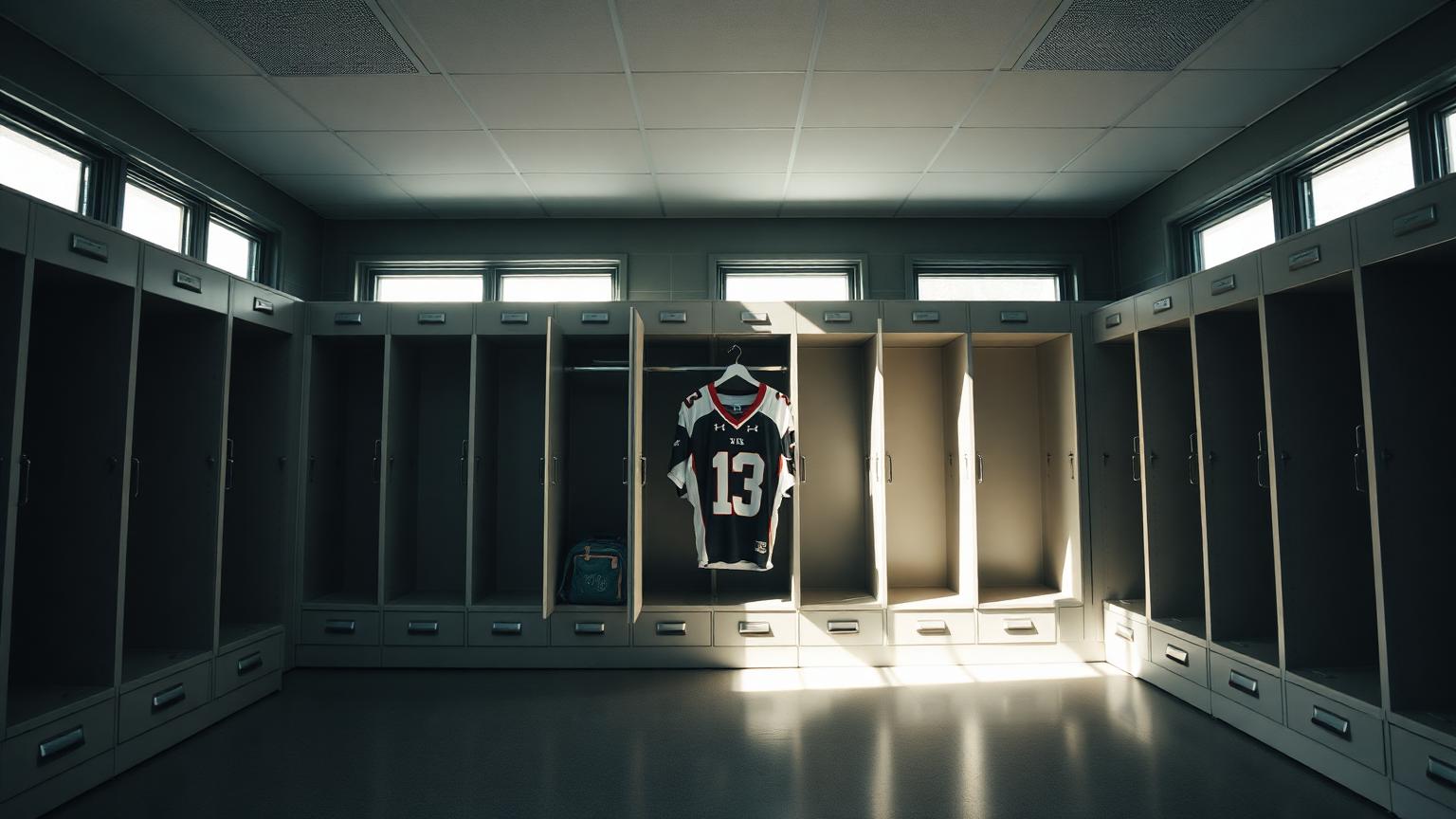 Empty college locker room with a single jersey hanging in an open locker